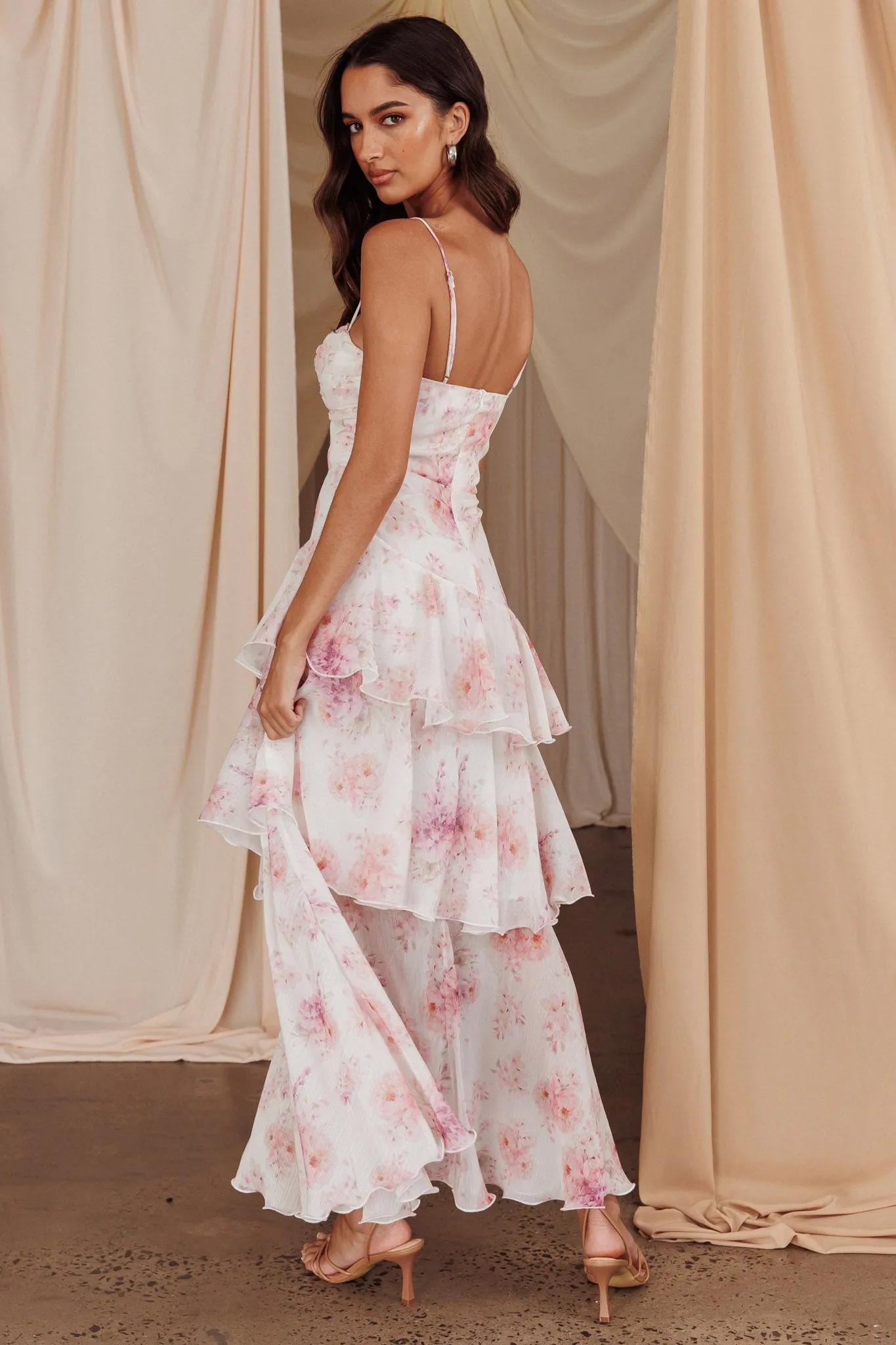 Veda Tiered Layer Midi Dress Floral Blush