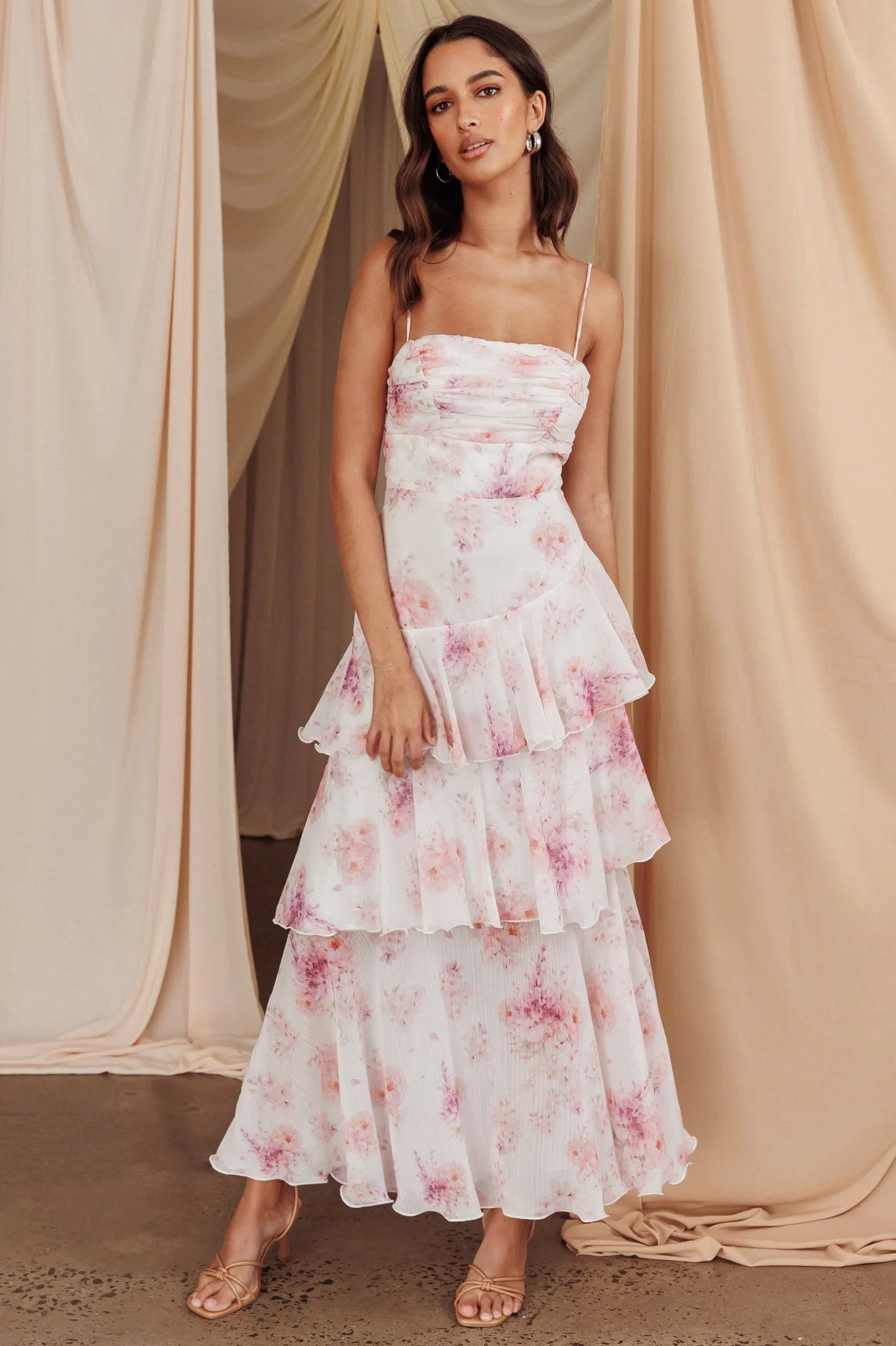 Veda Tiered Layer Midi Dress Floral Blush