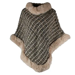 Very Moda Women's Tweed Pattern V Shaped Faux Fur Trim Poncho No Size