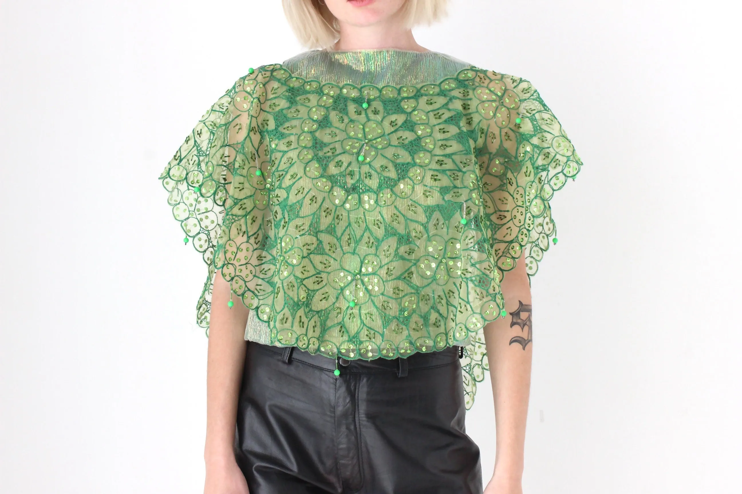 Vintage Mesh Organza Glam Disco Cape/Collar/Poncho Top