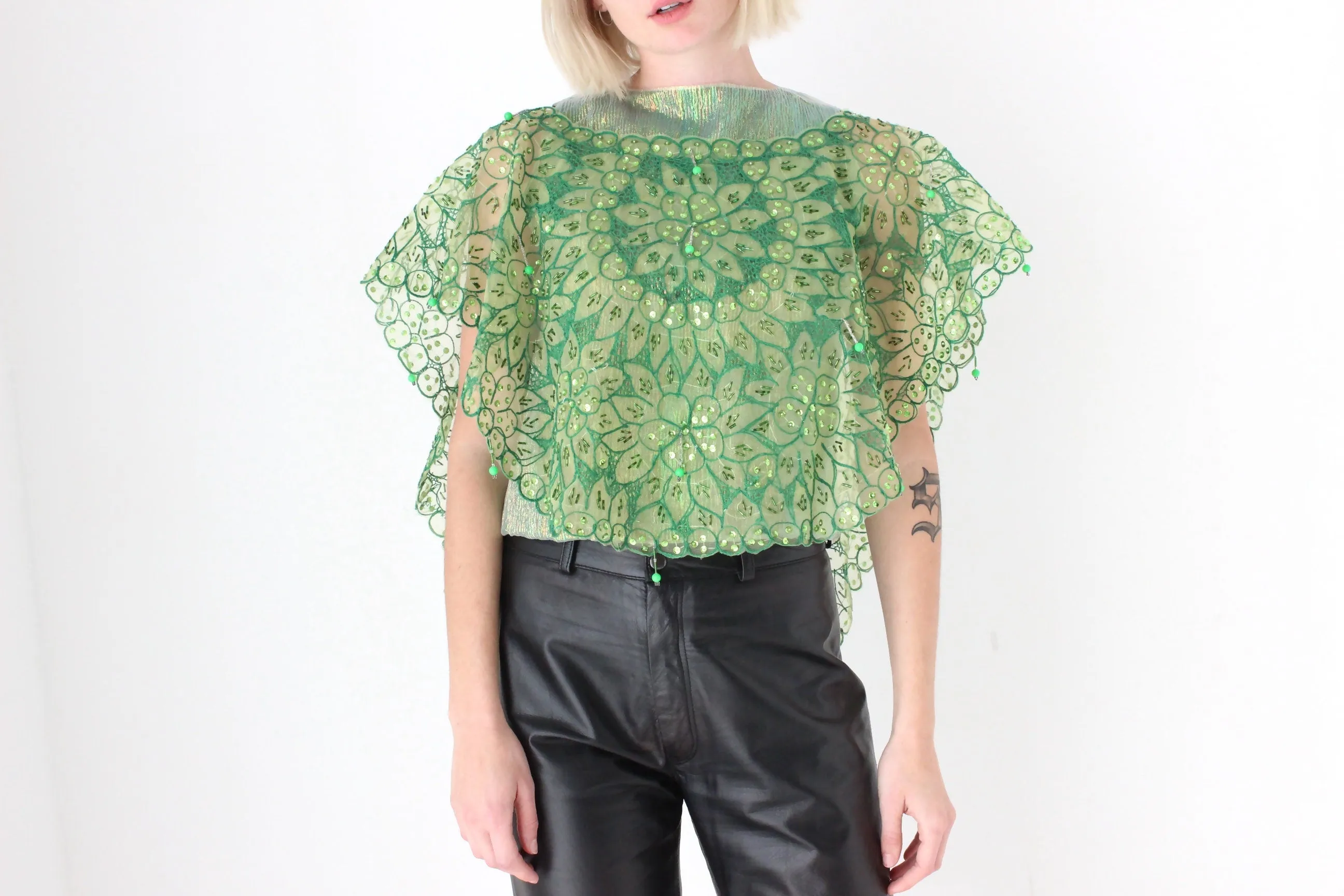 Vintage Mesh Organza Glam Disco Cape/Collar/Poncho Top