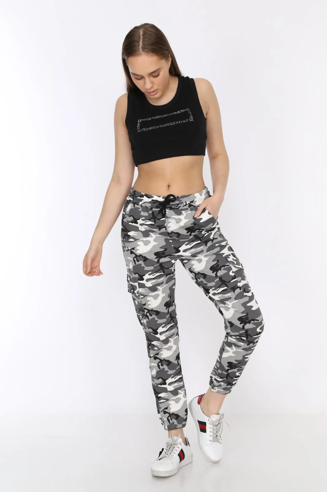 White Camouflage Soft Jersey Drawstring Combat Joggers