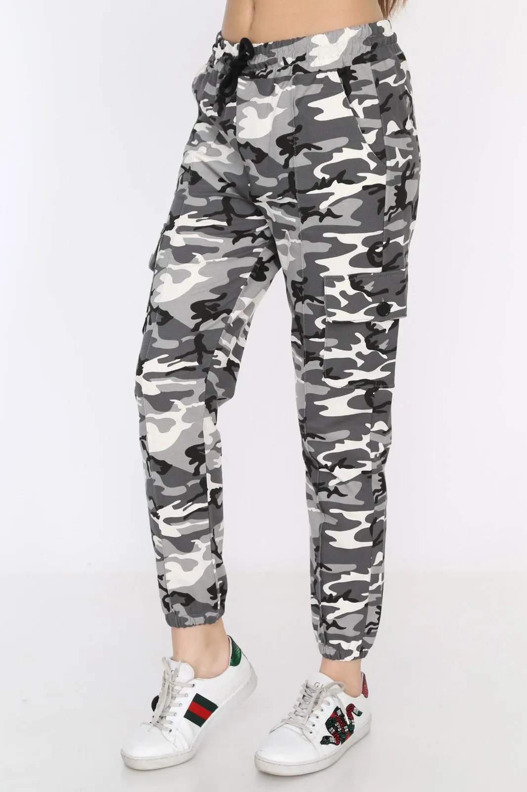 White Camouflage Soft Jersey Drawstring Combat Joggers