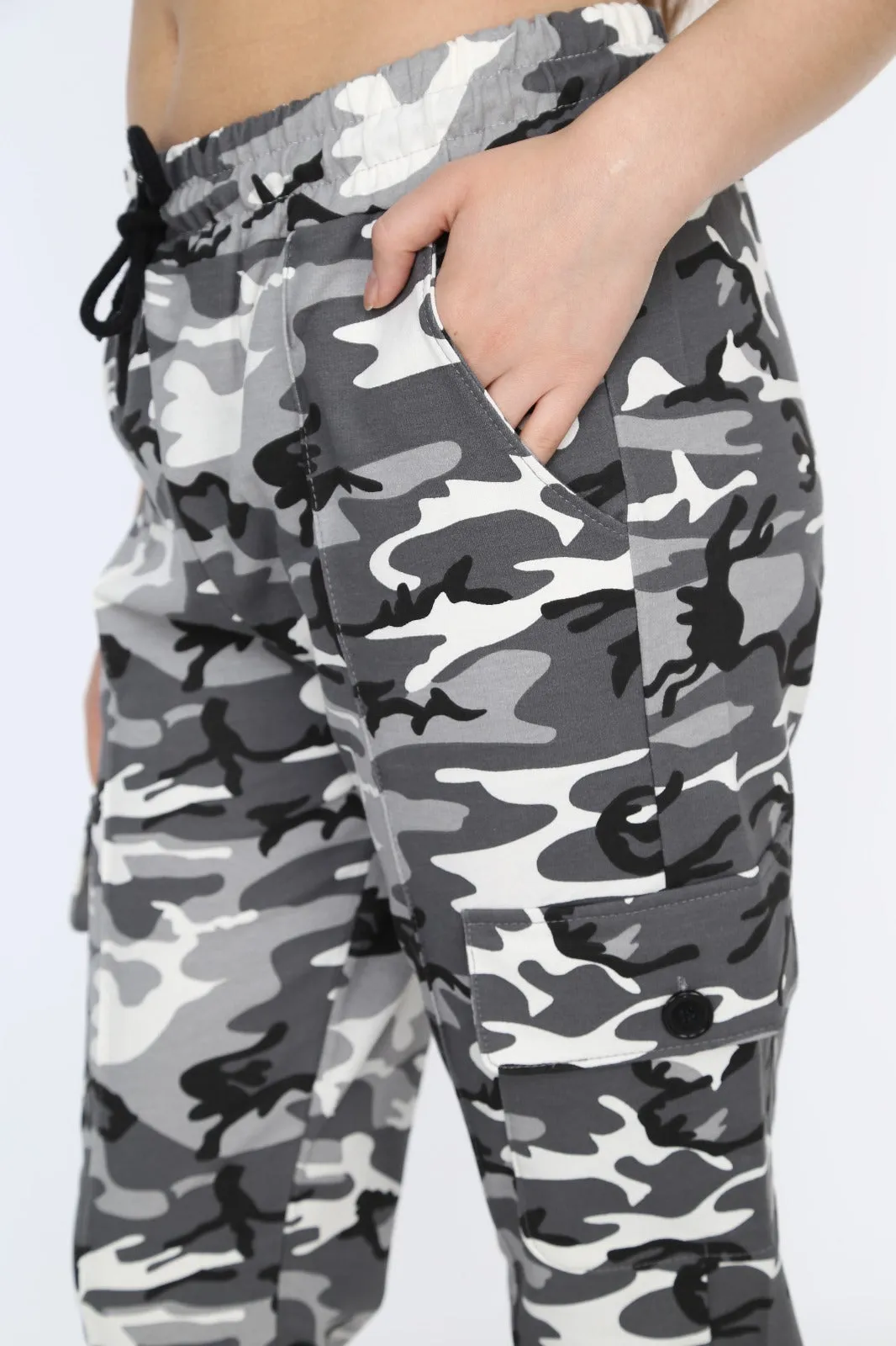 White Camouflage Soft Jersey Drawstring Combat Joggers