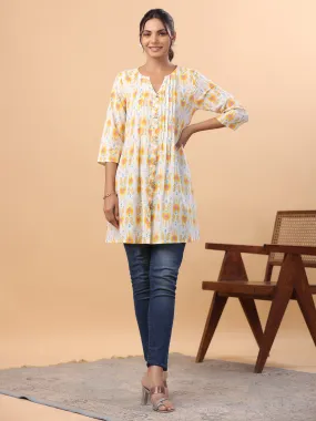 White Cotton Ikkat Pleated Tunic  - By Janasya