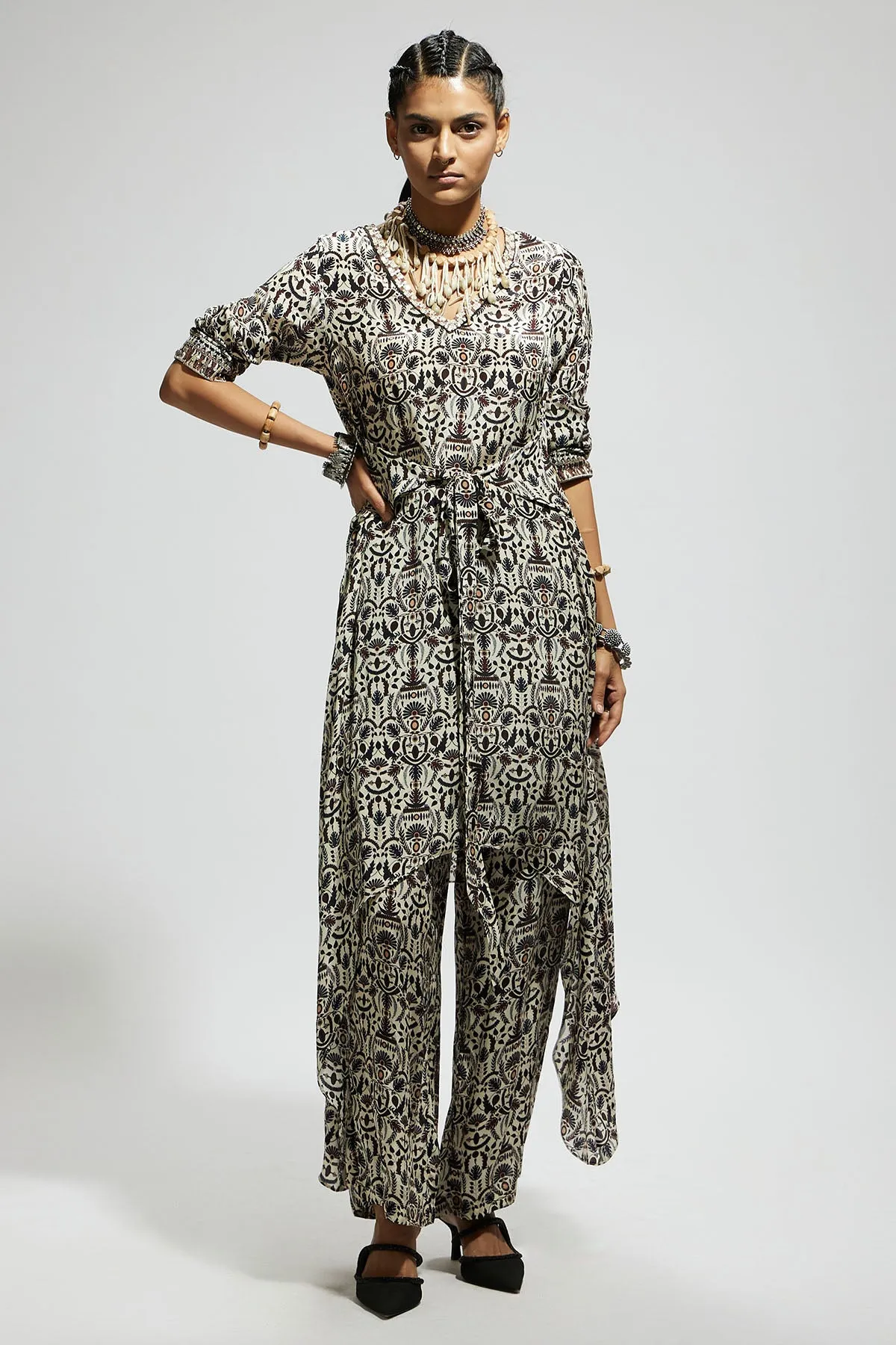 White Jaal Print Front Tie up Tunic