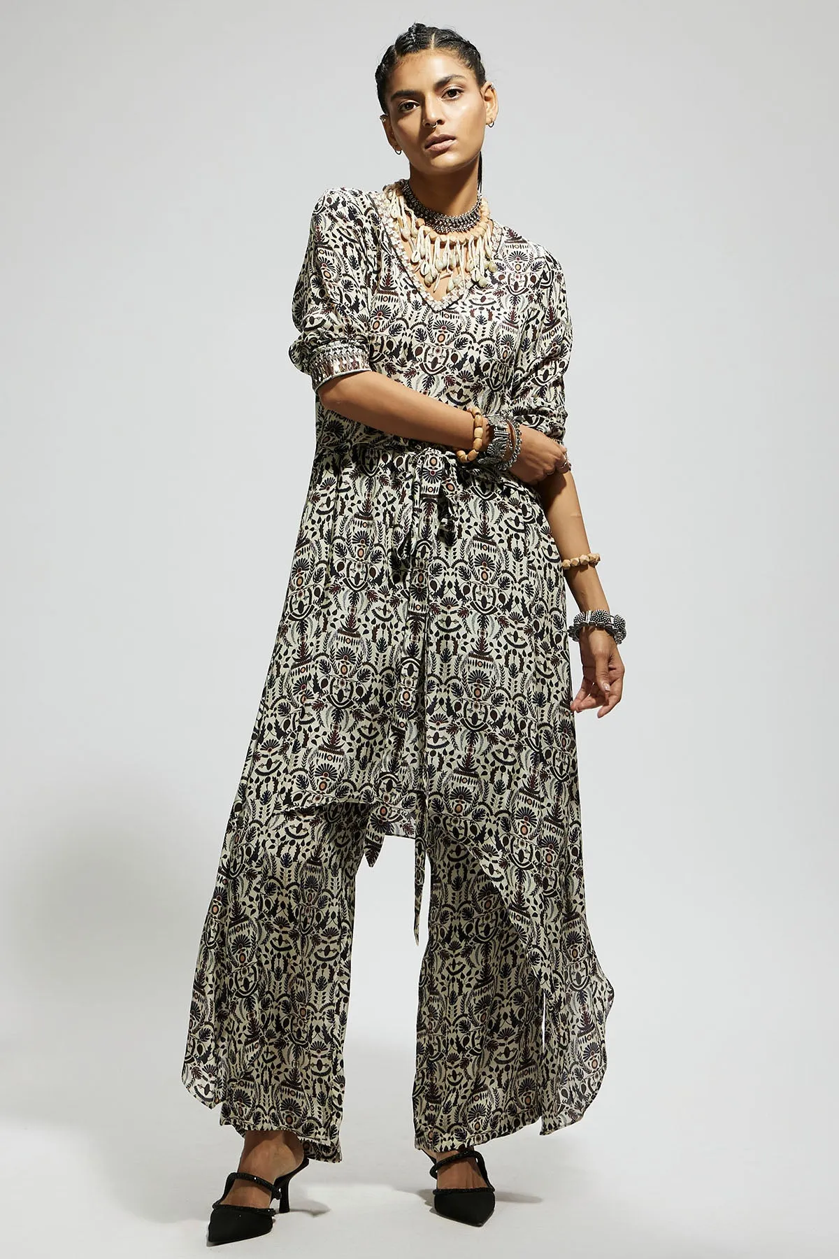 White Jaal Print Front Tie up Tunic