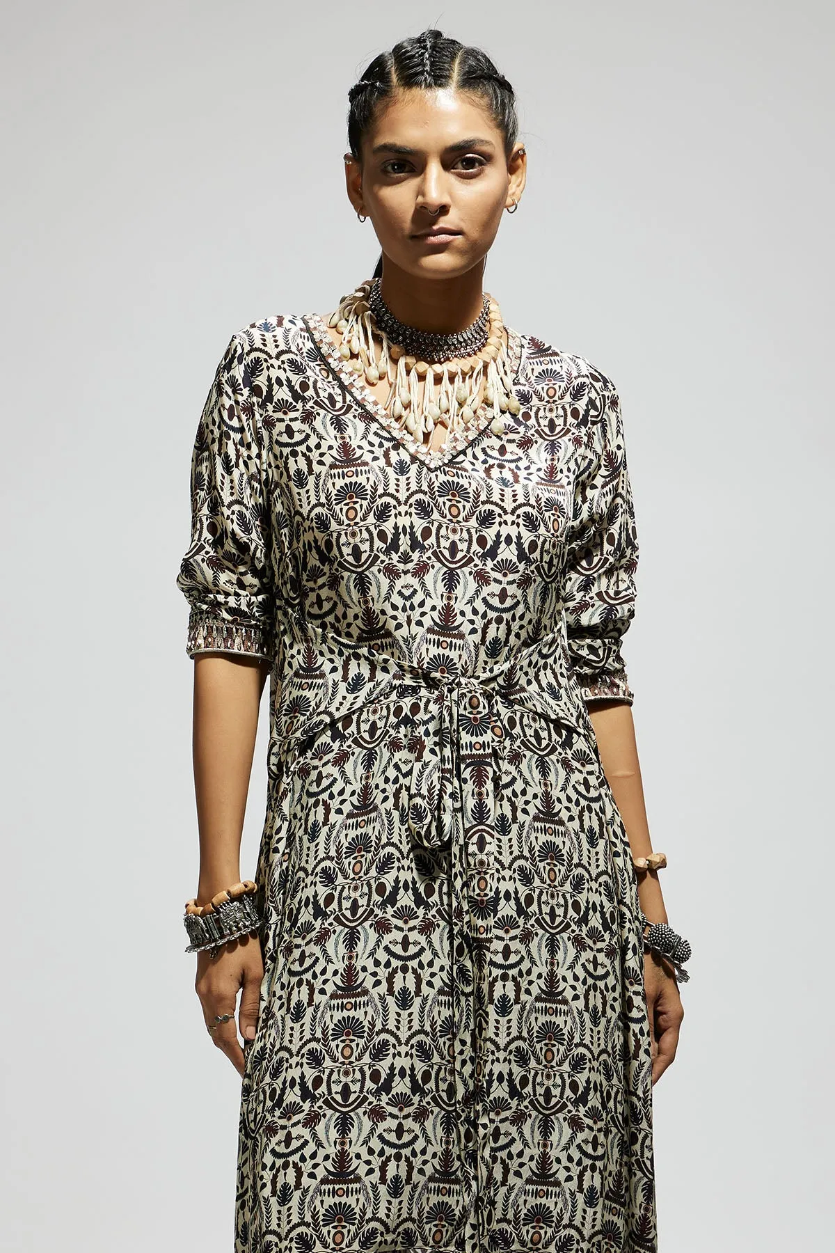 White Jaal Print Front Tie up Tunic