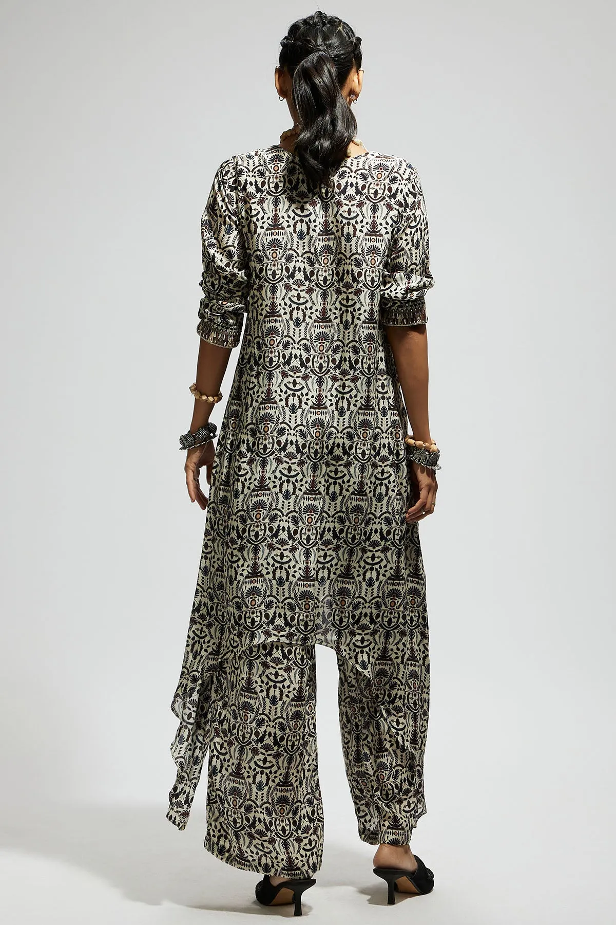 White Jaal Print Front Tie up Tunic