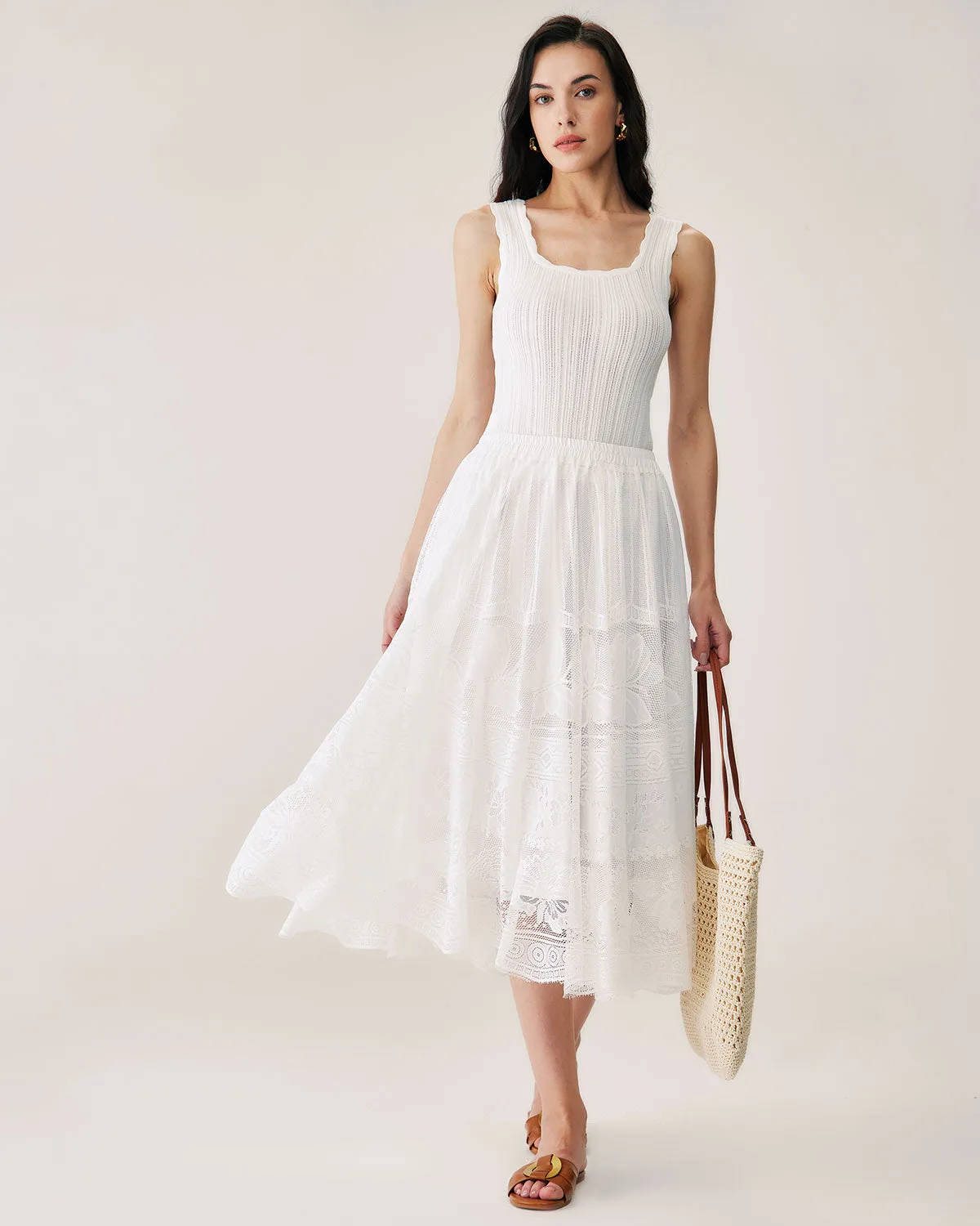 White Lace Elastic Waist Midi Skirt