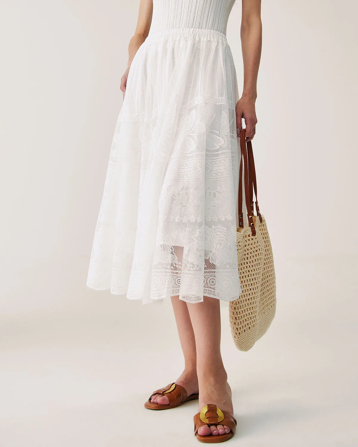 White Lace Elastic Waist Midi Skirt