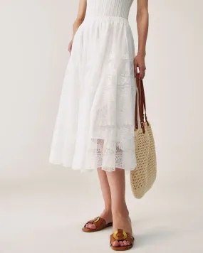 White Lace Elastic Waist Midi Skirt