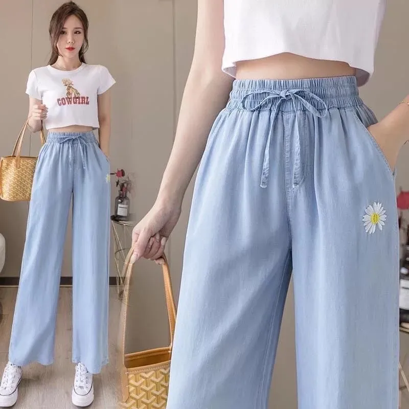 Wide Leg Denim Pants Women High Waist Loose Drape Ice Silk Thin Straight Floor Length Long Pants