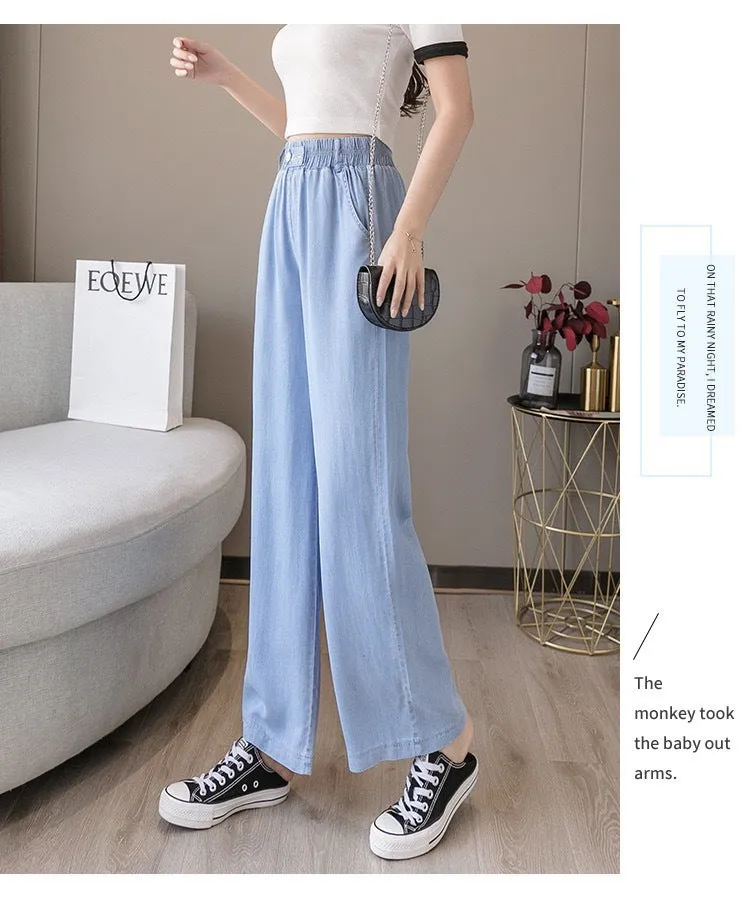 Wide Leg Denim Pants Women High Waist Loose Drape Ice Silk Thin Straight Floor Length Long Pants