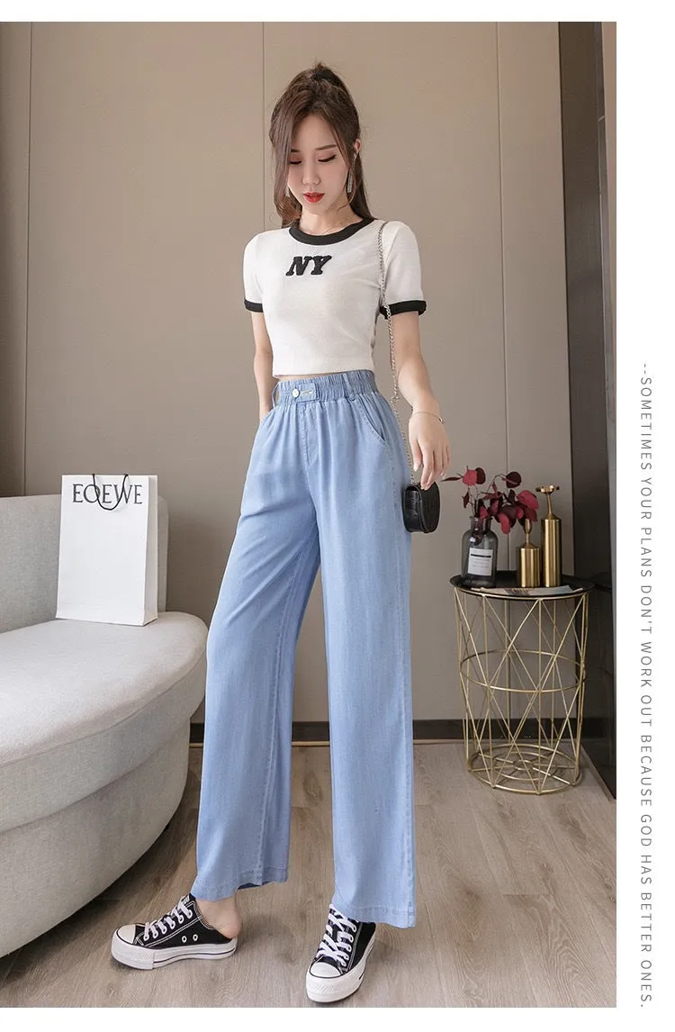 Wide Leg Denim Pants Women High Waist Loose Drape Ice Silk Thin Straight Floor Length Long Pants