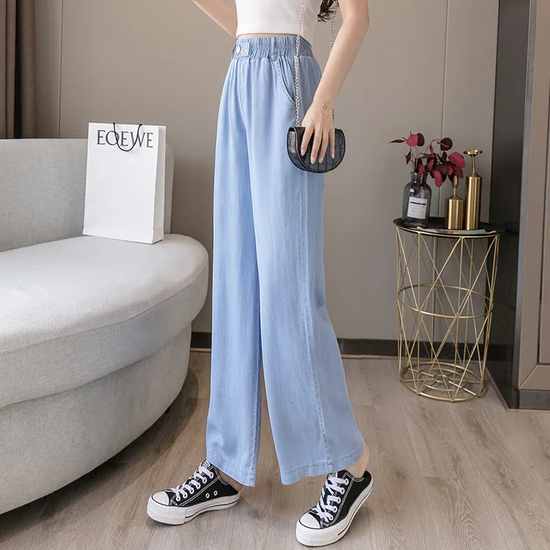 Wide Leg Denim Pants Women High Waist Loose Drape Ice Silk Thin Straight Floor Length Long Pants