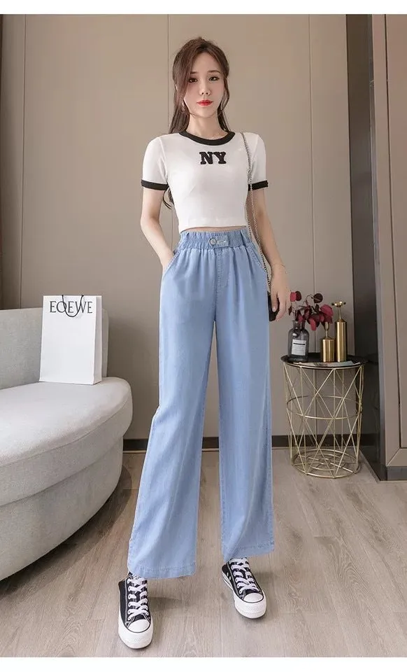 Wide Leg Denim Pants Women High Waist Loose Drape Ice Silk Thin Straight Floor Length Long Pants