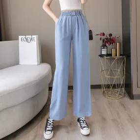 Wide Leg Denim Pants Women High Waist Loose Drape Ice Silk Thin Straight Floor Length Long Pants