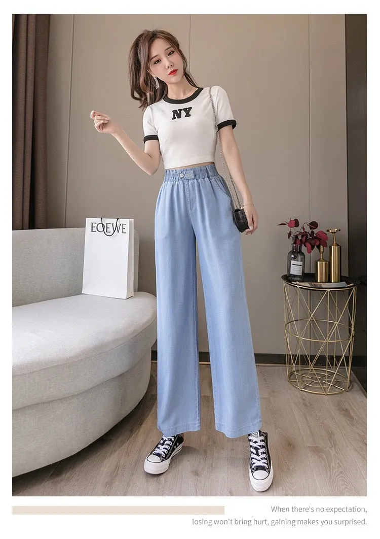 Wide Leg Denim Pants Women High Waist Loose Drape Ice Silk Thin Straight Floor Length Long Pants