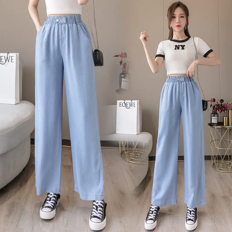 Wide Leg Denim Pants Women High Waist Loose Drape Ice Silk Thin Straight Floor Length Long Pants