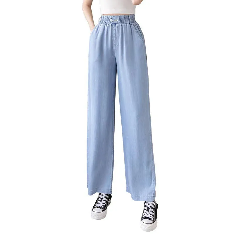 Wide Leg Denim Pants Women High Waist Loose Drape Ice Silk Thin Straight Floor Length Long Pants