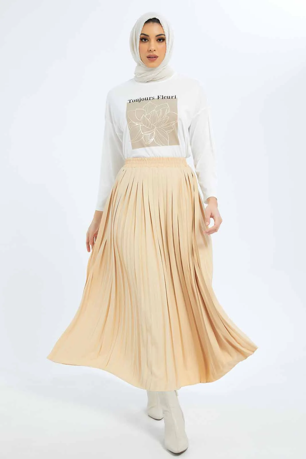 Women Beige Pleated Midi Skirt