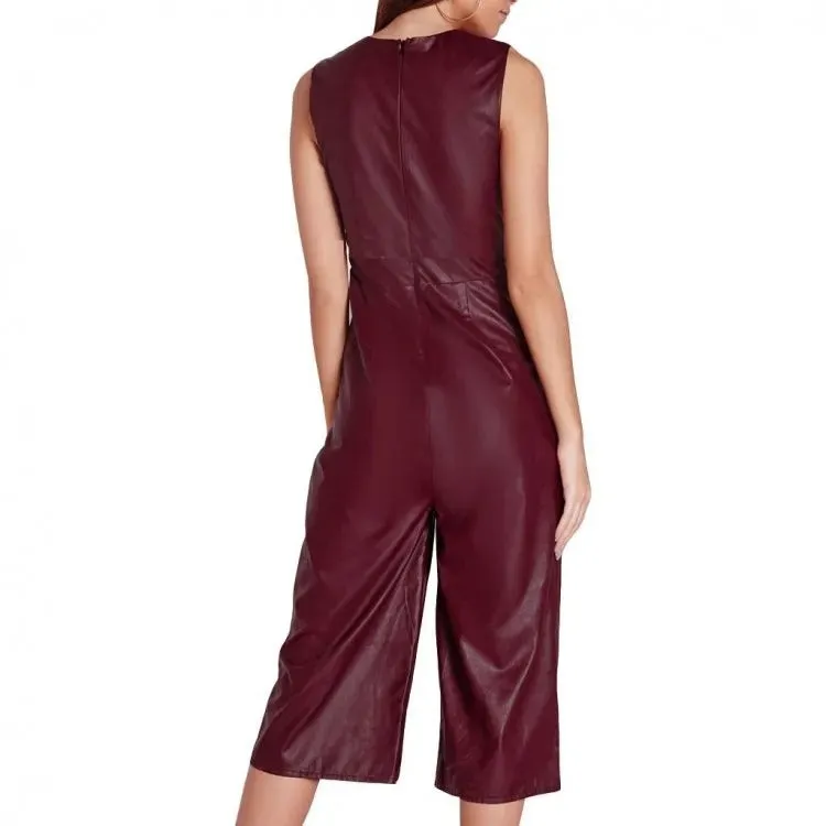 Women Burgundy Lambskin Leather Romper Catsuit