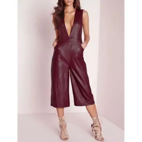 Women Burgundy Lambskin Leather Romper Catsuit