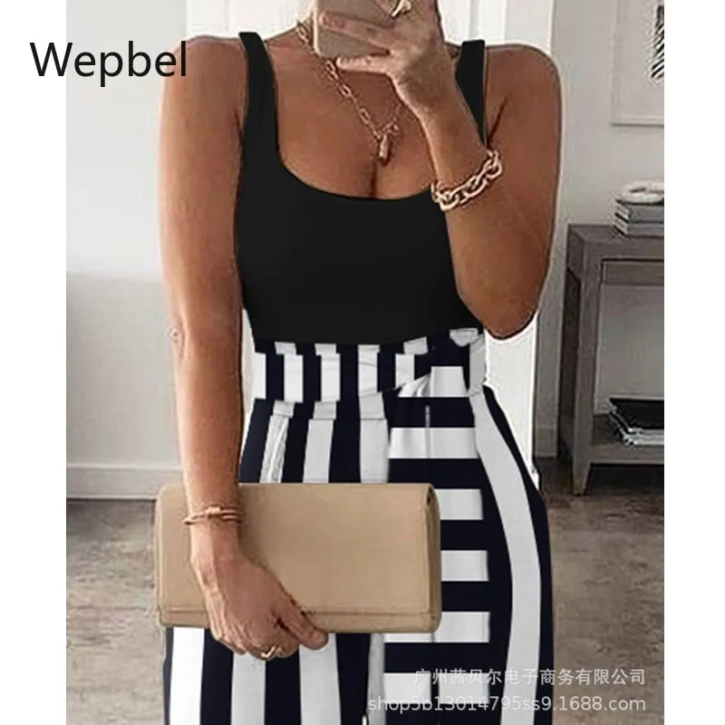 Women High Waist Stripe Casual Jumpsuits