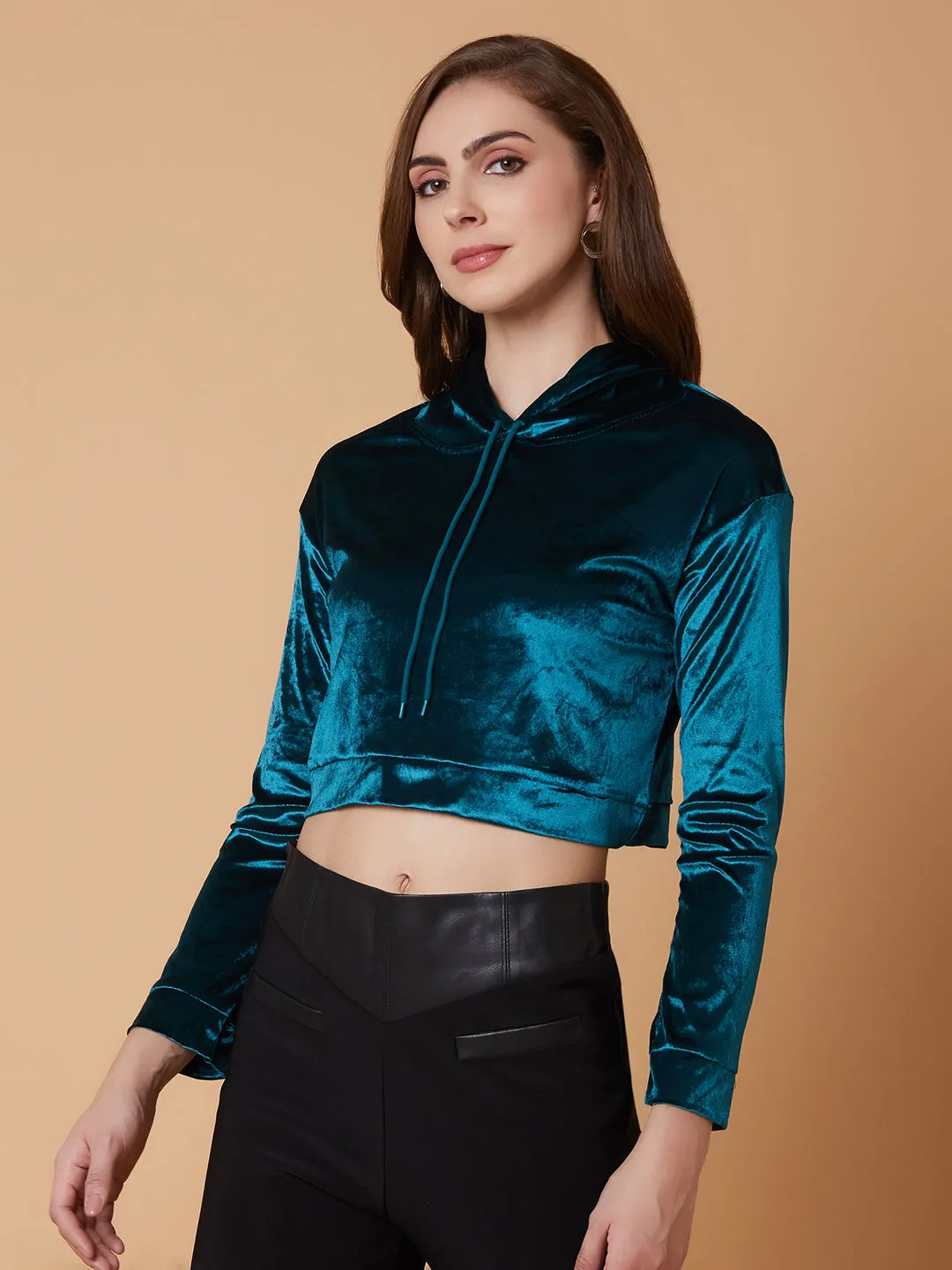 Women Solid Teal Drop Shoulder Crop Pullover