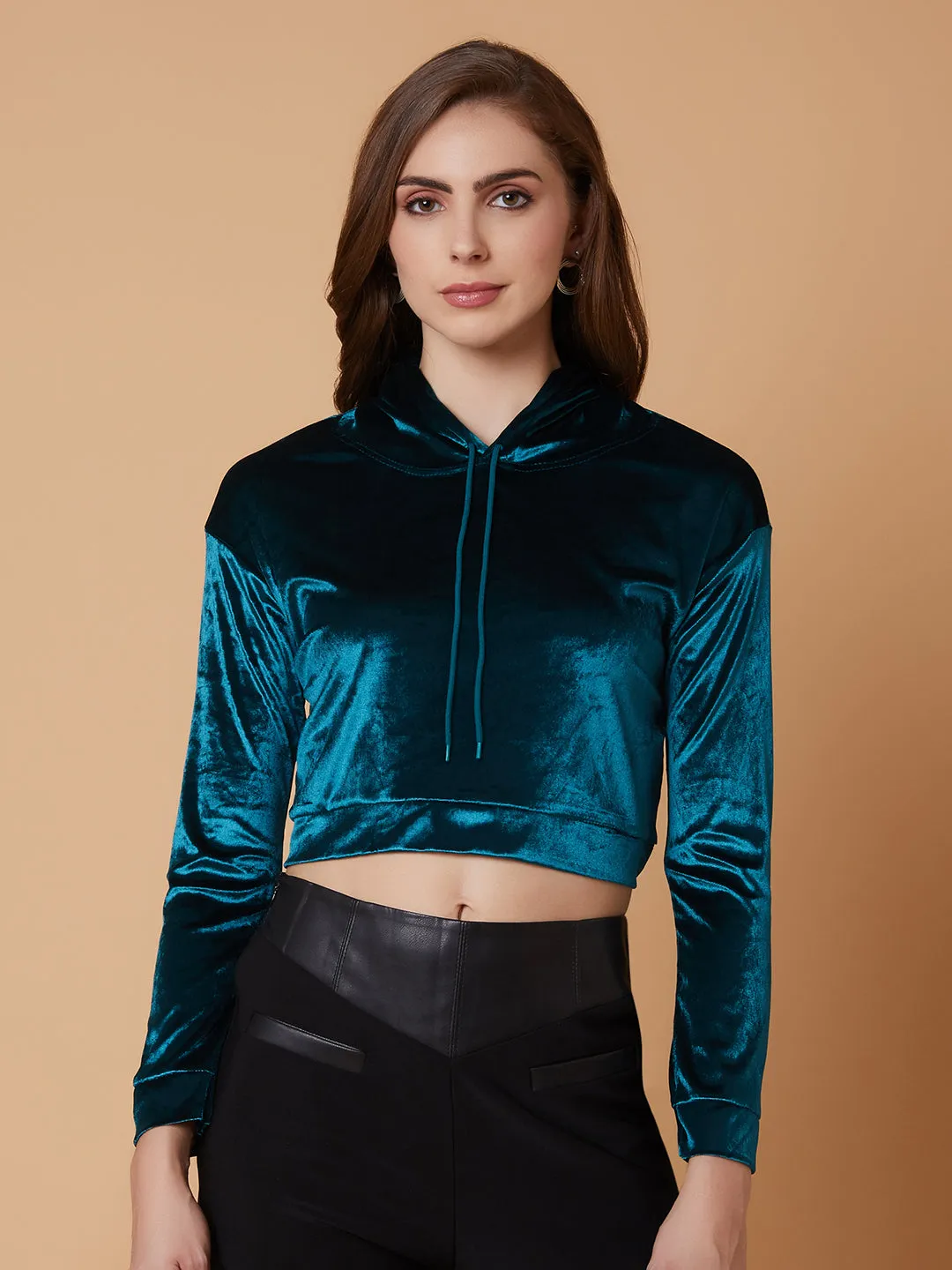 Women Solid Teal Drop Shoulder Crop Pullover