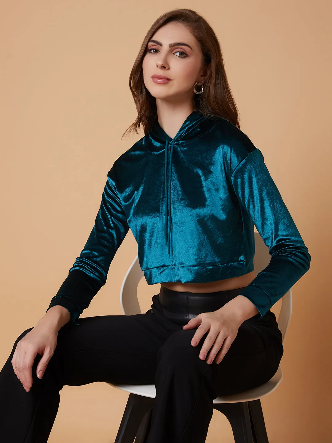 Women Solid Teal Drop Shoulder Crop Pullover