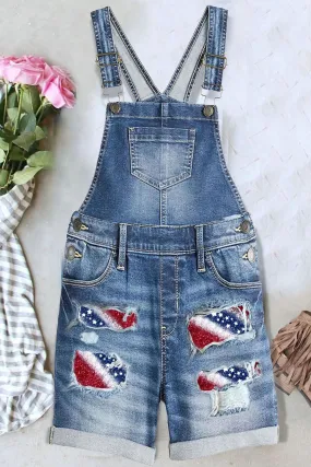 Women's Ripped American Flag Print Overalls Shorts Romper