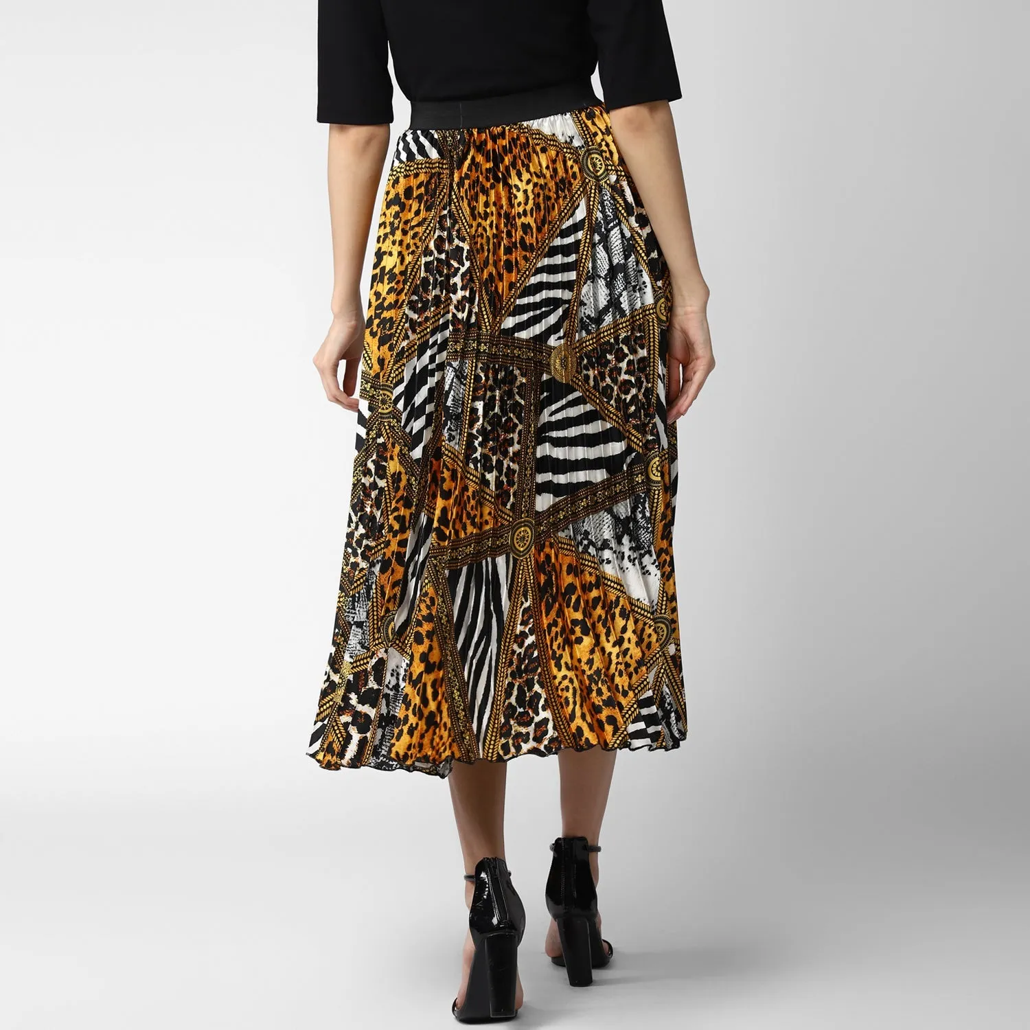 Women's Satin Printed Pleated Skirt -Stylestone