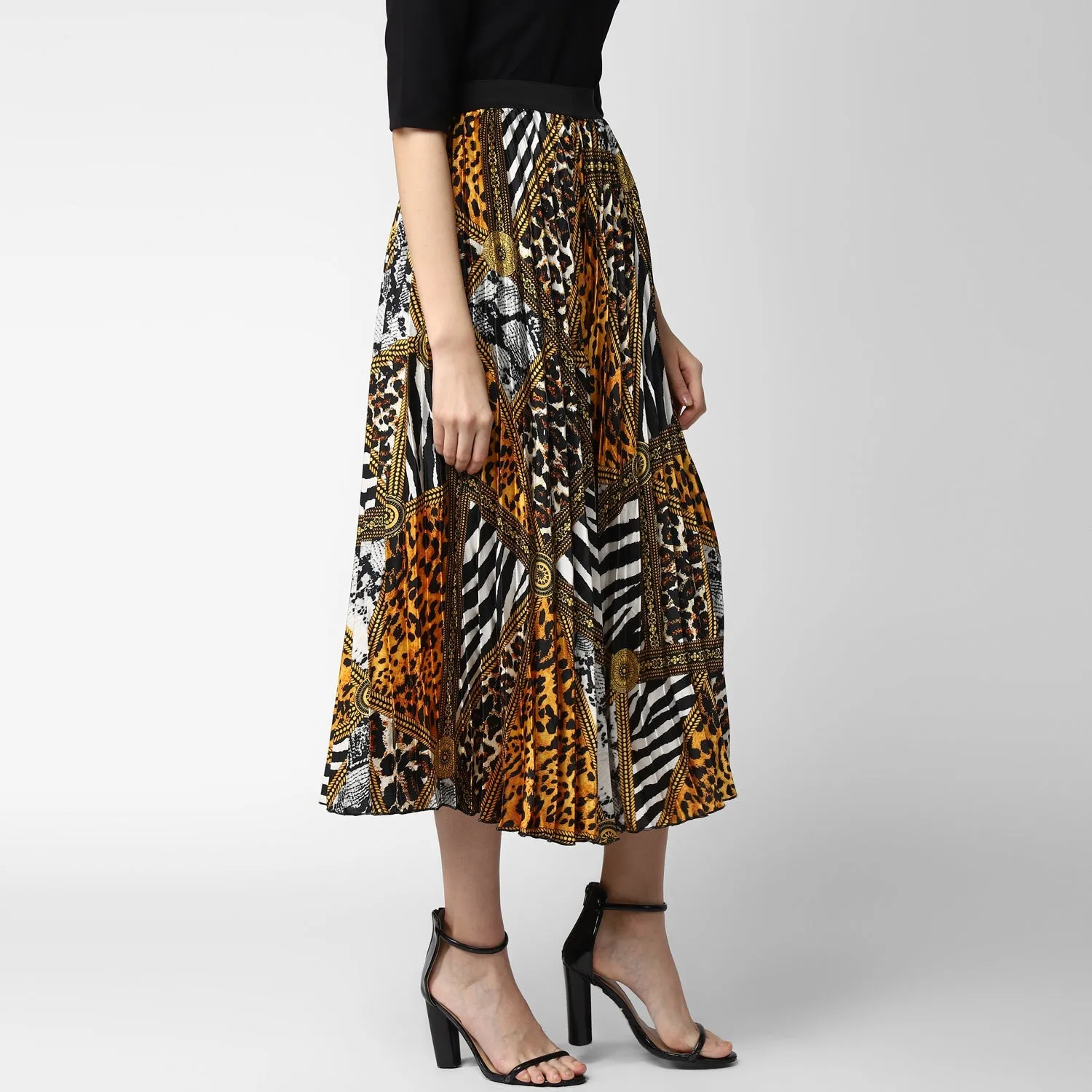 Women's Satin Printed Pleated Skirt -Stylestone