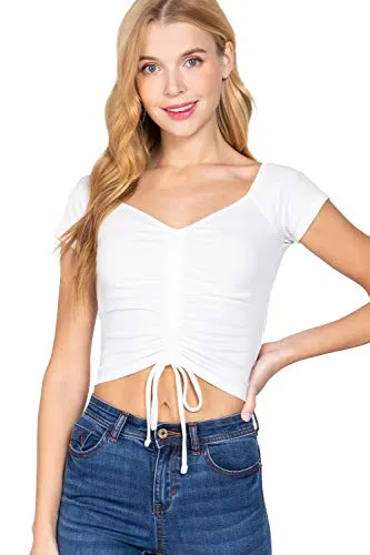 Women's Short Sleeve Ribbed Ruched Knit Crop Top