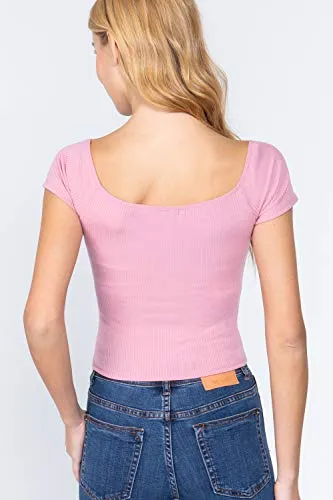 Women's Short Sleeve Ribbed Ruched Knit Crop Top