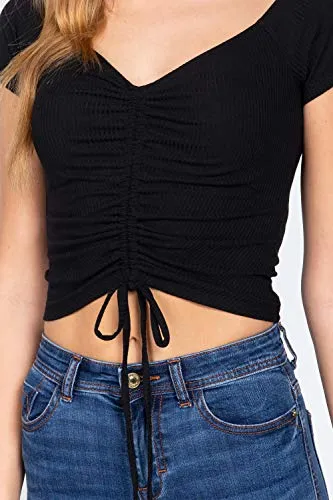 Women's Short Sleeve Ribbed Ruched Knit Crop Top