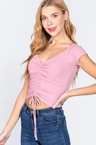 Women's Short Sleeve Ribbed Ruched Knit Crop Top