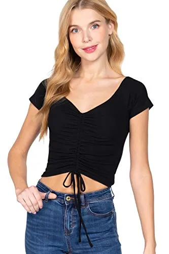 Women's Short Sleeve Ribbed Ruched Knit Crop Top