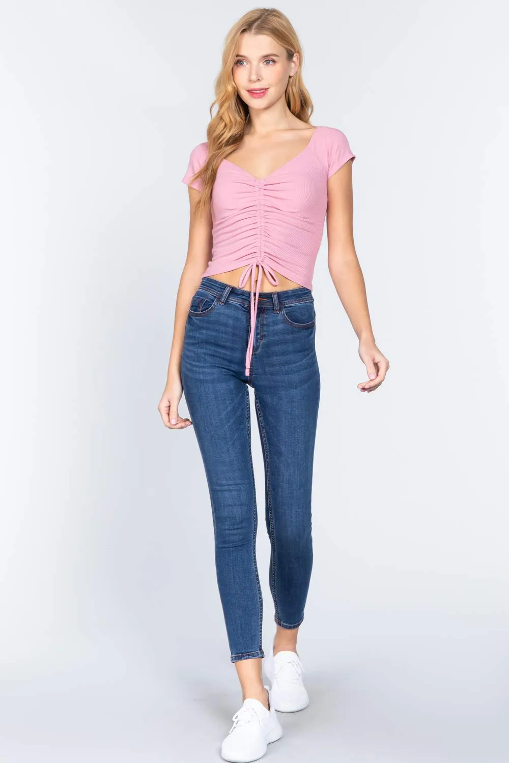 Women's Short Sleeve Ribbed Ruched Knit Crop Top