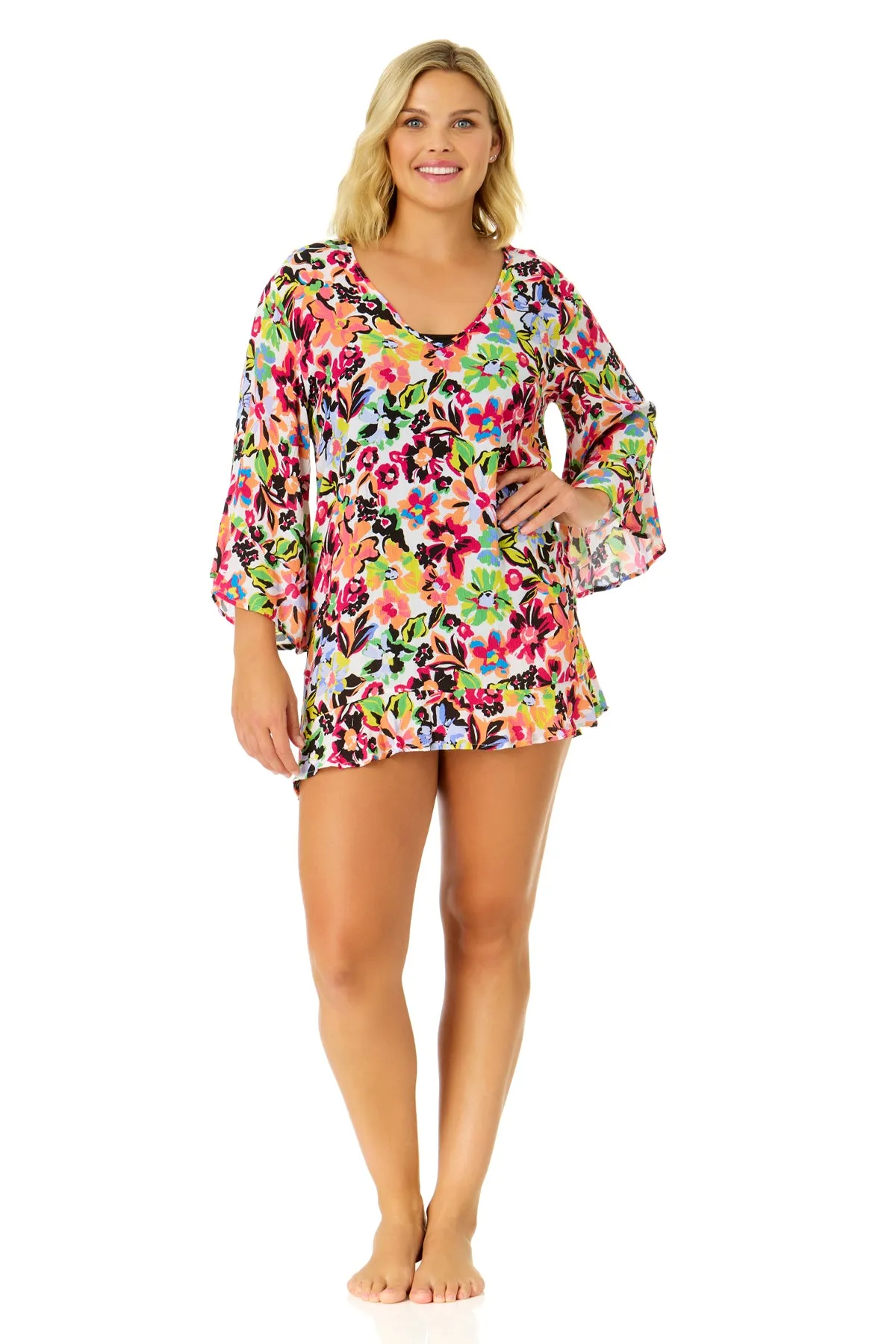 Women's Sun Blossom Flounce V Neck Tunic Swimsuit Cover Up