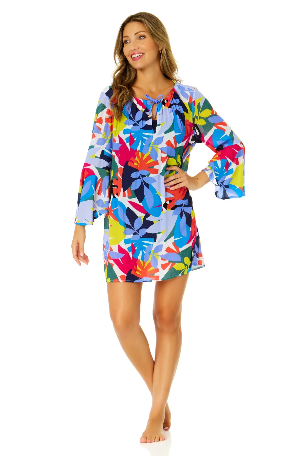 Women's Tropic Stamp Bell Sleeve Tunic Swimsuit Cover Up