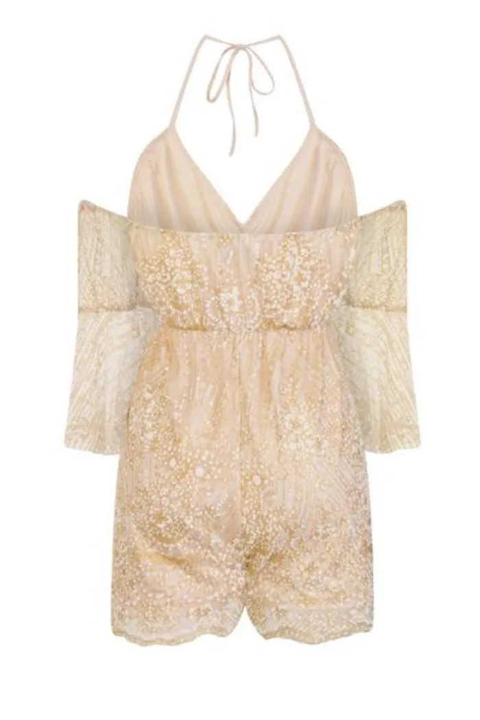 Xenia Nude Cold Shoulder Plunge Gold Glitter Playsuit Romper